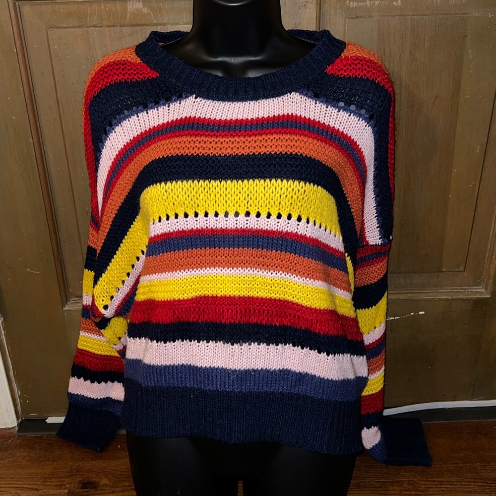 Angel Kiss Boho Red Colorful Oversized Acrylic Knit Y2K Crewneck Sweater Size L - Picture 3 of 9